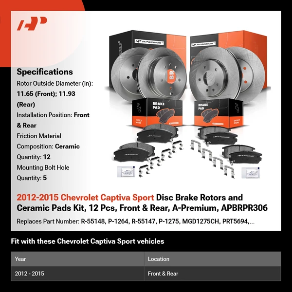 2012-2015 Chevrolet Captiva Sport Disc Brake Rotors and Ceramic Pads Kit, 12 Pcs, Front & Rear, A-Premium, APBRPR306