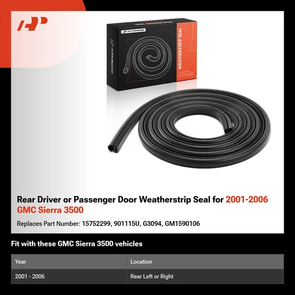 Rear Driver or Passenger Door Weatherstrip Seal for 2001-2006 GMC Sierra 3500