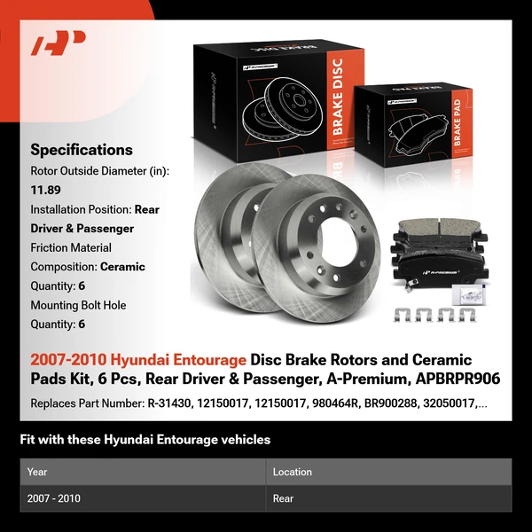 2007-2010 Hyundai Entourage Disc Brake Rotors and Ceramic Pads Kit, 6 Pcs, Rear Driver & Passenger, A-Premium, APBRPR906