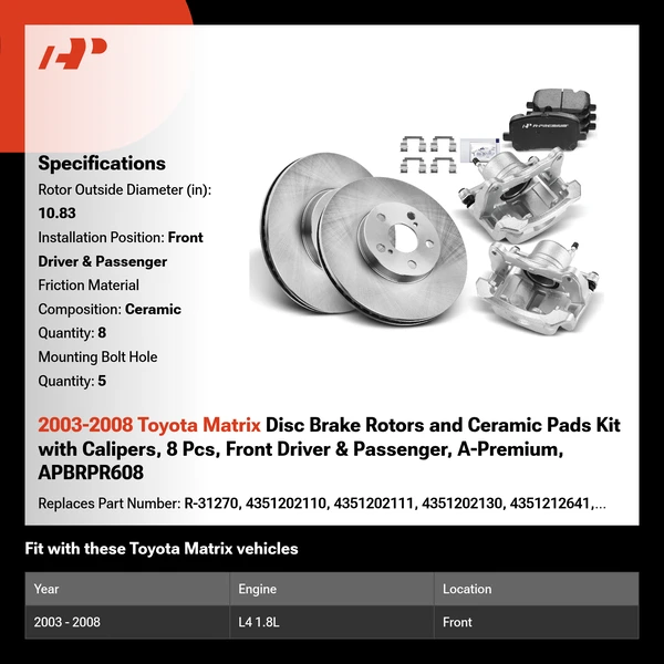 2003-2008 Toyota Matrix Disc Brake Rotors and Ceramic Pads Kit with Calipers, 8 Pcs, Front Driver & Passenger, A-Premium, APBRPR608