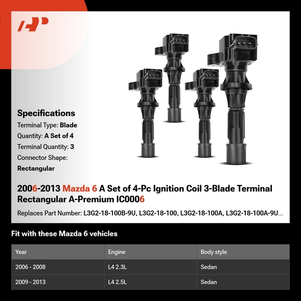 2006-2013 Mazda 6 A Set of 4-Pc Ignition Coil 3-Blade Terminal Rectangular A-Premium IC0006