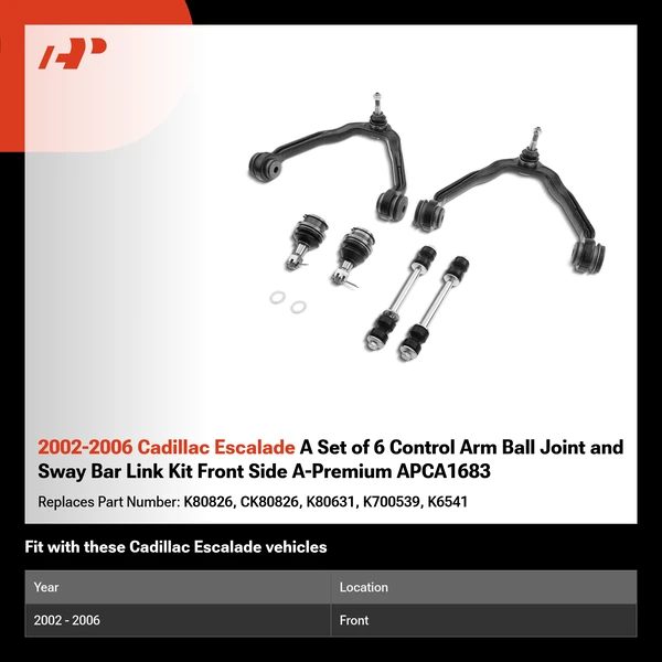 2002-2006 Cadillac Escalade A Set of 6 Control Arm Ball Joint and Sway Bar Link Kit Front Side A-Premium APCA1683