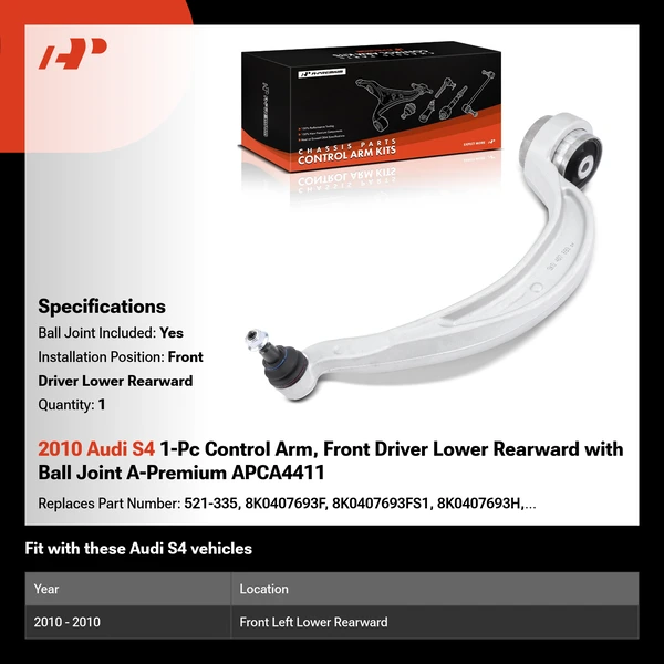 2010 Audi S4 1-Pc Control Arm, Front Driver Lower Rearward with Ball Joint A-Premium APCA4411