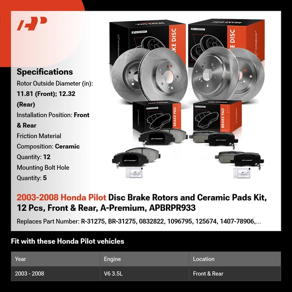 2003-2008 Honda Pilot Disc Brake Rotors and Ceramic Pads Kit, 12 Pcs, Front & Rear, A-Premium, APBRPR933