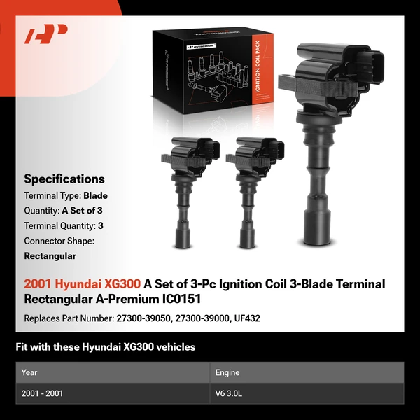 2001 Hyundai XG300 A Set of 3-Pc Ignition Coil 3-Blade Terminal Rectangular A-Premium IC0151