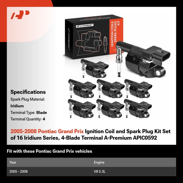 2005-2008 Pontiac Grand Prix Ignition Coil and Spark Plug Kit Set of 16 Iridium Series, 4-Blade Terminal A-Premium APIC0592