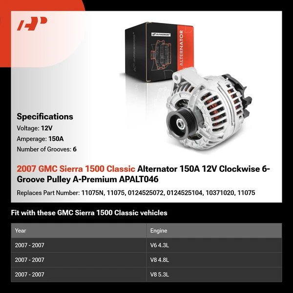 2007 GMC Sierra 1500 Classic Alternator 150A 12V Clockwise 6-Groove Pulley A-Premium APALT046