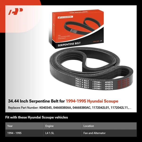 34.44 Inch Serpentine Belt for 1994-1995 Hyundai Scoupe
