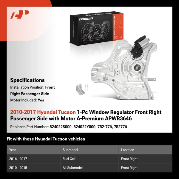 2010-2017 Hyundai Tucson 1-Pc Window Regulator Front Right Passenger Side with Motor A-Premium APWR3646