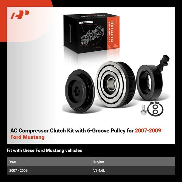 AC Compressor Clutch Kit with 6-Groove Pulley for 2007-2009 Ford Mustang