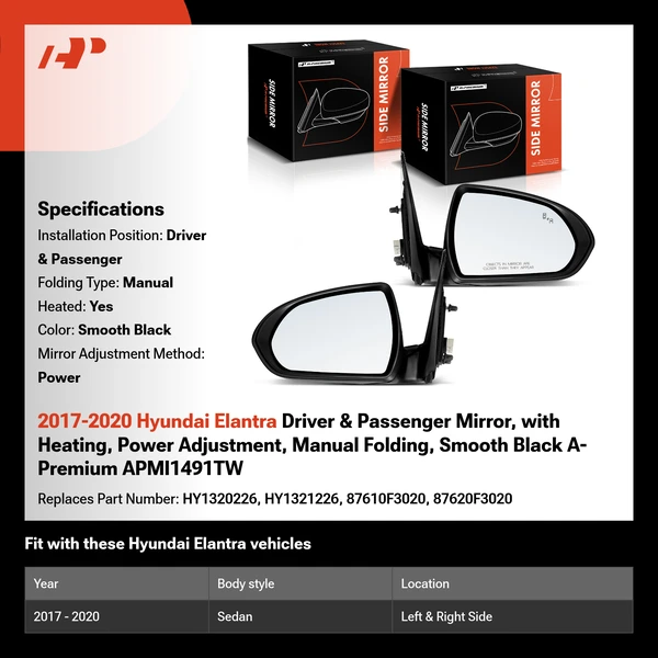 2017-2020 Hyundai Elantra Driver & Passenger Mirror, with Heating, Power Adjustment, Manual Folding, Smooth Black A-Premium APMI1491TW