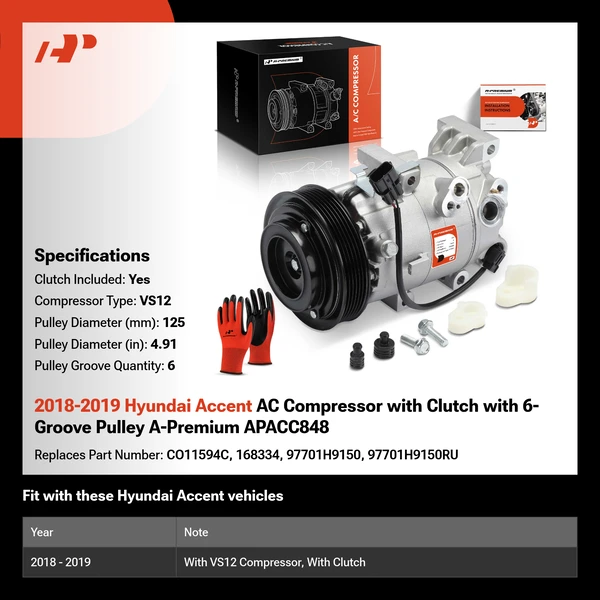 2018-2019 Hyundai Accent AC Compressor with Clutch with 6-Groove Pulley A-Premium APACC848