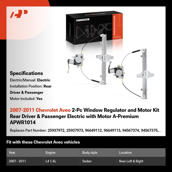 2007-2011 Chevrolet Aveo 2-Pc Window Regulator and Motor Kit Rear Driver & Passenger Electric with Motor A-Premium APWR1014