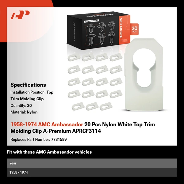 1958-1974 AMC Ambassador 20 Pcs Nylon White Top Trim Molding Clip A-Premium APRCF3114