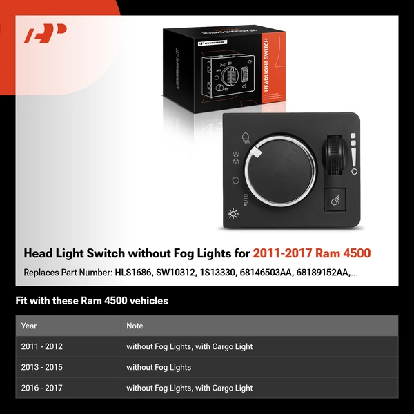 Head Light Switch without Fog Lights for 2011-2017 Ram 4500