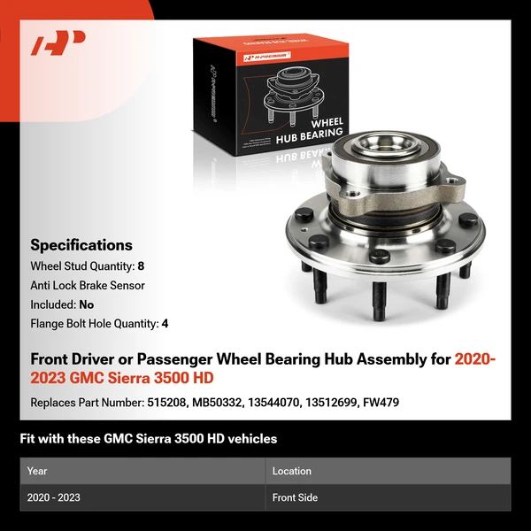 Front Driver or Passenger Wheel Bearing Hub Assembly for 2020-2023 GMC Sierra 3500 HD