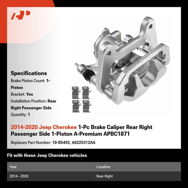 2014-2020 Jeep Cherokee 1-Pc Brake Caliper Rear Right Passenger Side 1-Piston A-Premium APBC1871