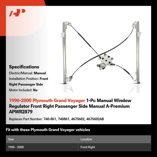 1996-2000 Plymouth Grand Voyager 1-Pc Manual Window Regulator Front Right Passenger Side Manual A-Premium APWR2879