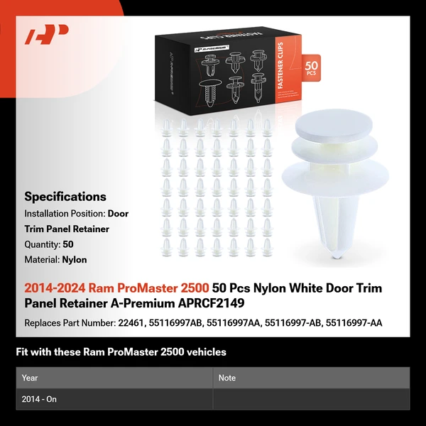 2014-2024 Ram ProMaster 2500 50 Pcs Nylon White Door Trim Panel Retainer A-Premium APRCF2149