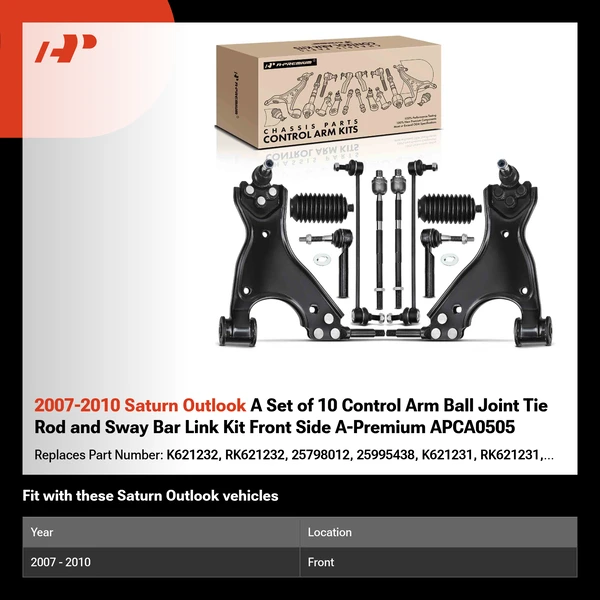 2007-2010 Saturn Outlook A Set of 10 Control Arm Ball Joint Tie Rod and Sway Bar Link Kit Front Side A-Premium APCA0505