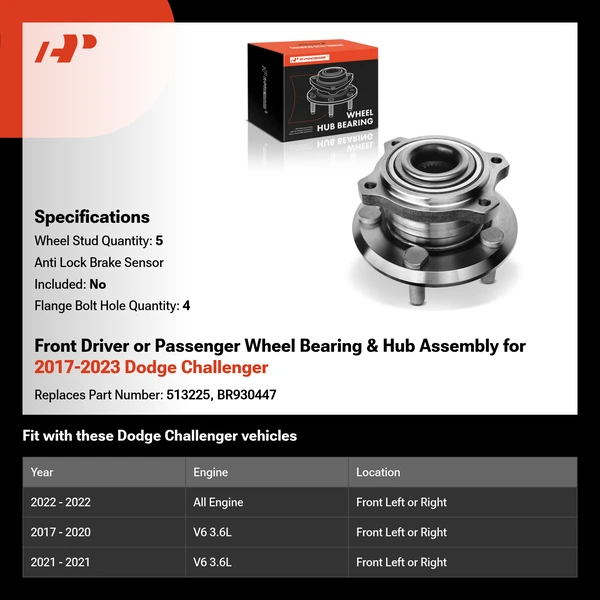 Front Driver or Passenger Wheel Bearing & Hub Assembly for 2017-2023 Dodge Challenger