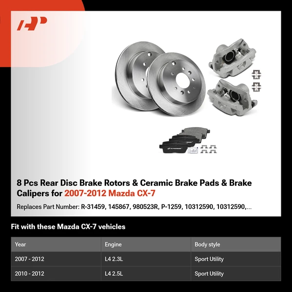 8 Pcs Rear Disc Brake Rotors & Ceramic Brake Pads & Brake Calipers for 2007-2012 Mazda CX-7