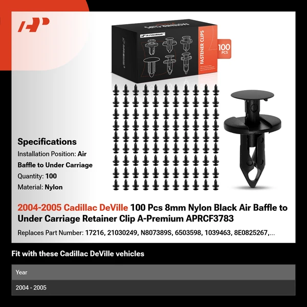 2004-2005 Cadillac DeVille 100 Pcs 8mm Nylon Black Air Baffle to Under Carriage A-Premium APRCF3783