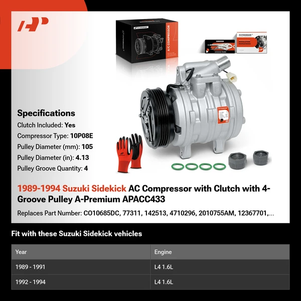 1989-1994 Suzuki Sidekick AC Compressor with Clutch with 4-Groove Pulley A-Premium APACC433