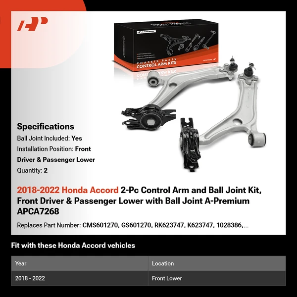 2018-2022 Honda Accord 2-Pc Control Arm and Ball Joint Kit, Front Driver & Passenger Lower with Ball Joint A-Premium APCA7268