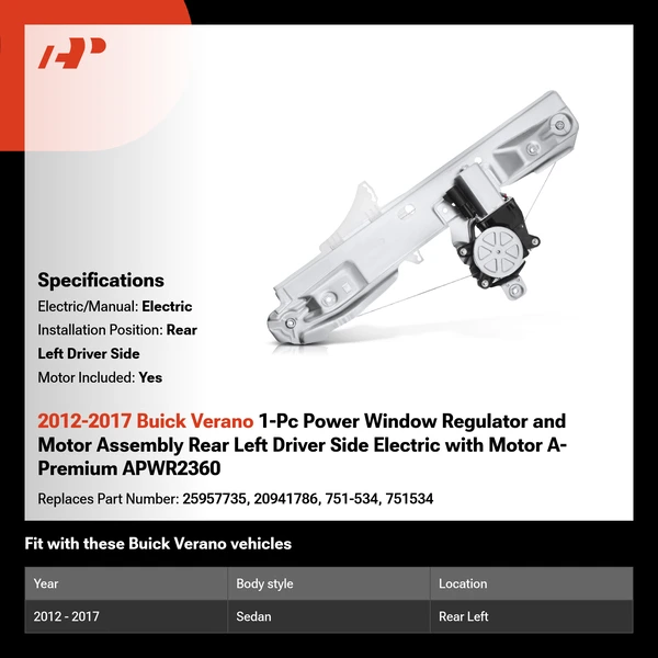 2012-2017 Buick Verano 1-Pc Power Window Regulator and Motor Assembly Rear Left Driver Side Electric with Motor A-Premium APWR2360