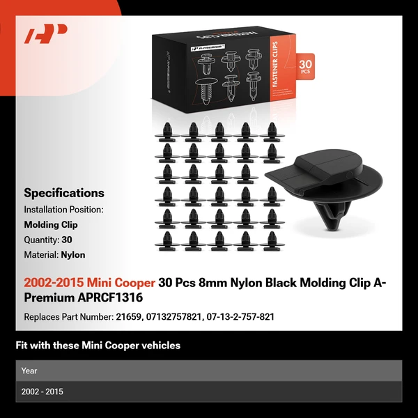 2002-2015 Mini Cooper 30 Pcs 8mm Nylon Black Molding Clip A-Premium APRCF1316
