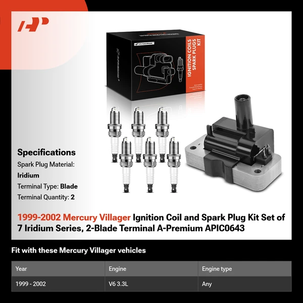 1999-2002 Mercury Villager Ignition Coil and Spark Plug Kit Set of 7 Iridium Series, 2-Blade Terminal A-Premium APIC0643