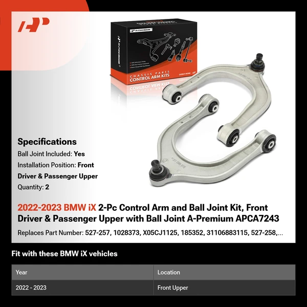 2022-2023 BMW iX 2-Pc Control Arm and Ball Joint Kit, Front Driver & Passenger Upper with Ball Joint A-Premium APCA7243