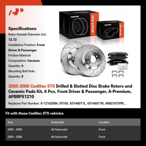2005-2008 Cadillac STS Drilled & Slotted Disc Brake Rotors and Ceramic Pads Kit, 6 Pcs, Front Driver & Passenger, A-Premium, APBRPS1210