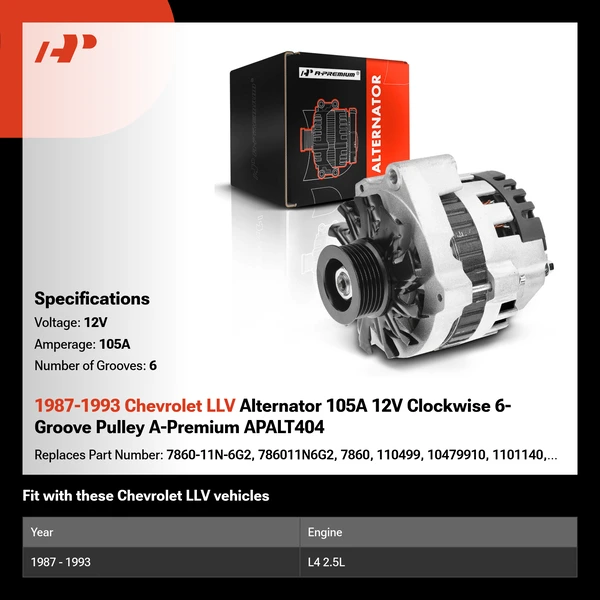 1987-1993 Chevrolet LLV Alternator 105A 12V Clockwise 6-Groove Pulley A-Premium APALT404