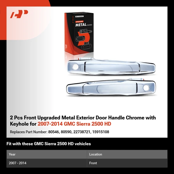 2 Pcs Front Upgraded Metal Exterior Door Handle Chrome with Keyhole for 2007-2014 GMC Sierra 2500 HD