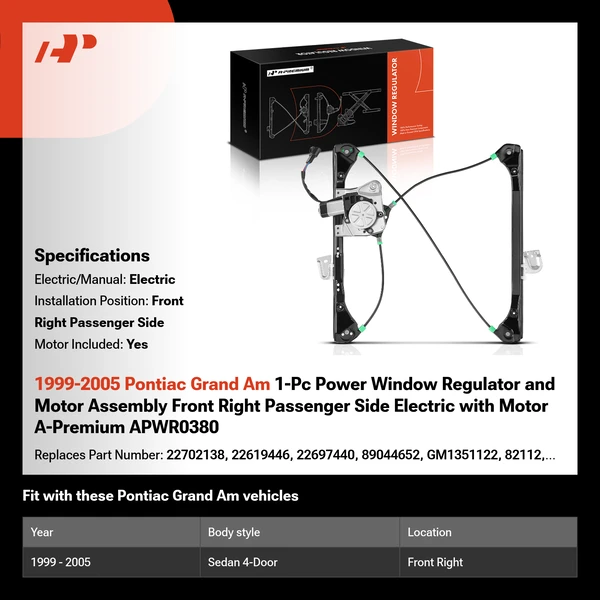 1999-2005 Pontiac Grand Am 1-Pc Power Window Regulator and Motor Assembly Front Right Passenger Side Electric with Motor A-Premium APWR0380