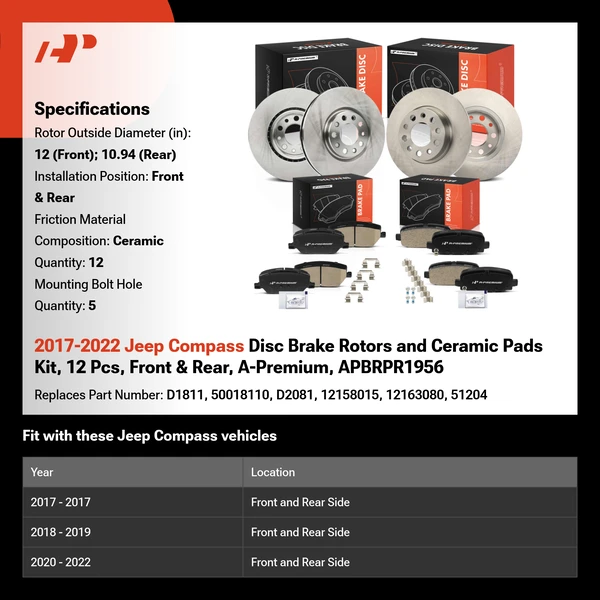 2017-2022 Jeep Compass Disc Brake Rotors and Ceramic Pads Kit, 12 Pcs, Front & Rear, A-Premium, APBRPR1956