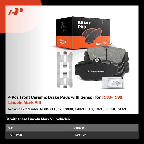 4 Pcs Front Ceramic Brake Pads with Sensor for 1993-1998 Lincoln Mark VIII