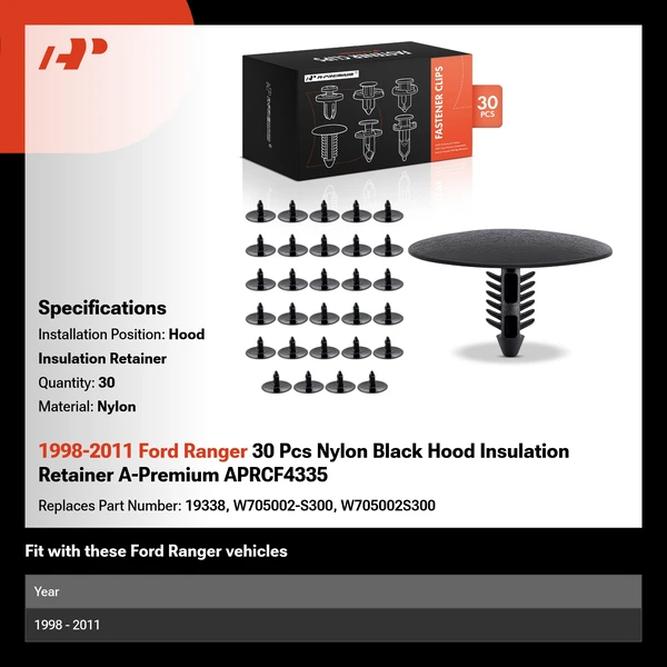 1998-2011 Ford Ranger 30 Pcs Nylon Black Hood Insulation Retainer A-Premium APRCF4335