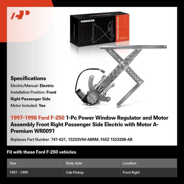 1997-1998 Ford F-250 1-Pc Power Window Regulator and Motor Assembly Front Right Passenger Side Electric with Motor A-Premium WR0091
