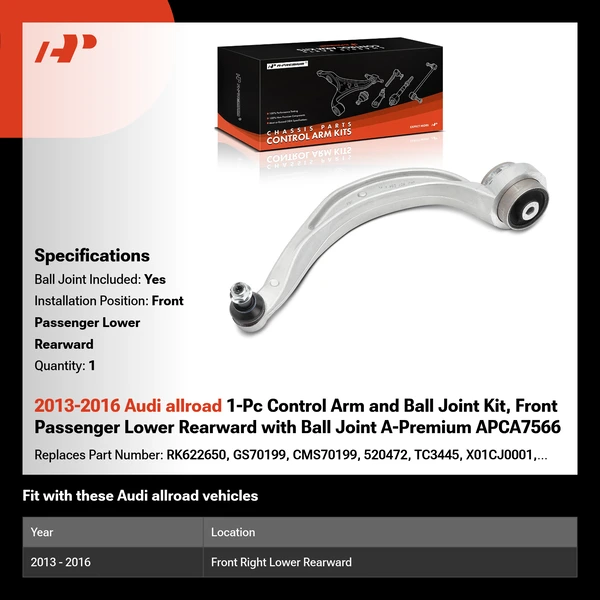 2013-2016 Audi allroad 1-Pc Control Arm and Ball Joint Kit, Front Passenger Lower Rearward with Ball Joint A-Premium APCA7566