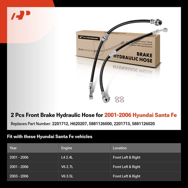 2 Pcs Front Brake Hydraulic Hose for 2001-2006 Hyundai Santa Fe