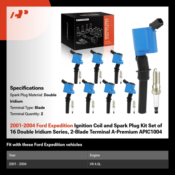 2001-2004 Ford Expedition Ignition Coil and Spark Plug Kit Set of 16 Double Iridium Series, 2-Blade Terminal A-Premium APIC1004