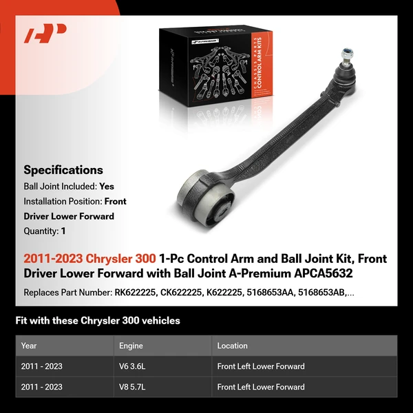 2011-2023 Chrysler 300 1-Pc Control Arm and Ball Joint Kit, Front Driver Lower Forward with Ball Joint A-Premium APCA5632