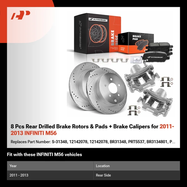 8 Pcs Rear Drilled Brake Rotors & Pads + Brake Calipers for 2011-2013 INFINITI M56