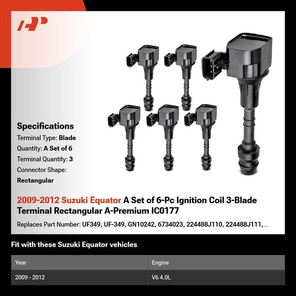 2009-2012 Suzuki Equator A Set of 6-Pc Ignition Coil 3-Blade Terminal Rectangular A-Premium IC0177