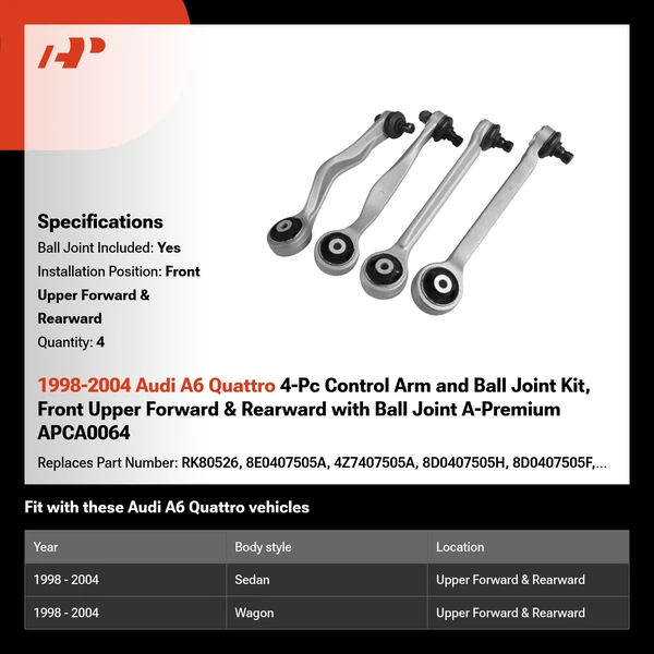 1998-2004 Audi A6 Quattro 4-Pc Control Arm and Ball Joint Kit, Front Upper Forward & Rearward with Ball Joint A-Premium APCA0064