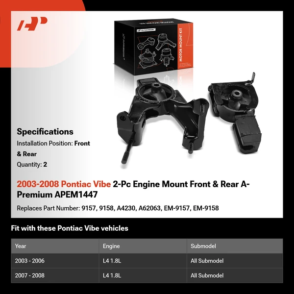2003-2008 Pontiac Vibe 2-Pc Engine Mount Front & Rear A-Premium APEM1447