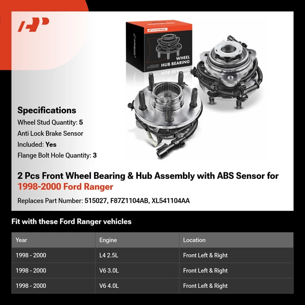 2 Pcs Front Wheel Bearing & Hub Assembly with ABS Sensor for 1998-2000 Ford Ranger